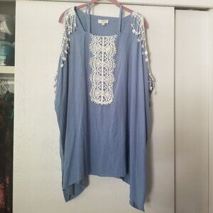 Umgee M Blue White Cold Shoulder Top White Lace Tunic Cotton Blend